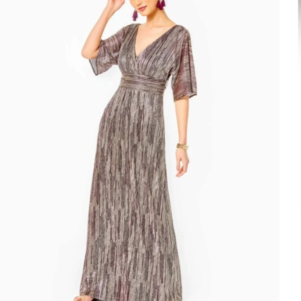Lily Pulitzer Parigi Elbow Sleeve Maxi DRESS Metallic Rope Berry Crinkle Size L - Picture 5 of 13